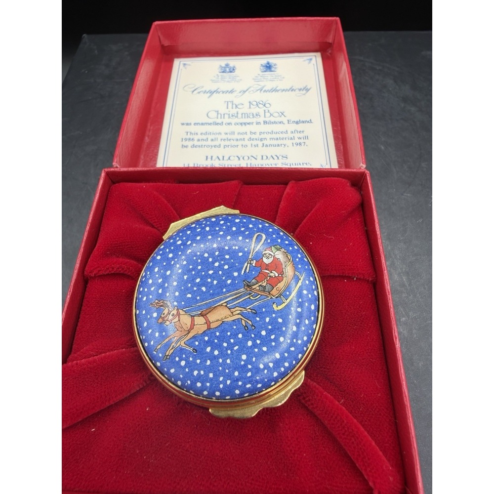 🎄Halcyon Days Enamels 1986 Christmas Trinket Box – Santa & Sleigh Lid – Vintage